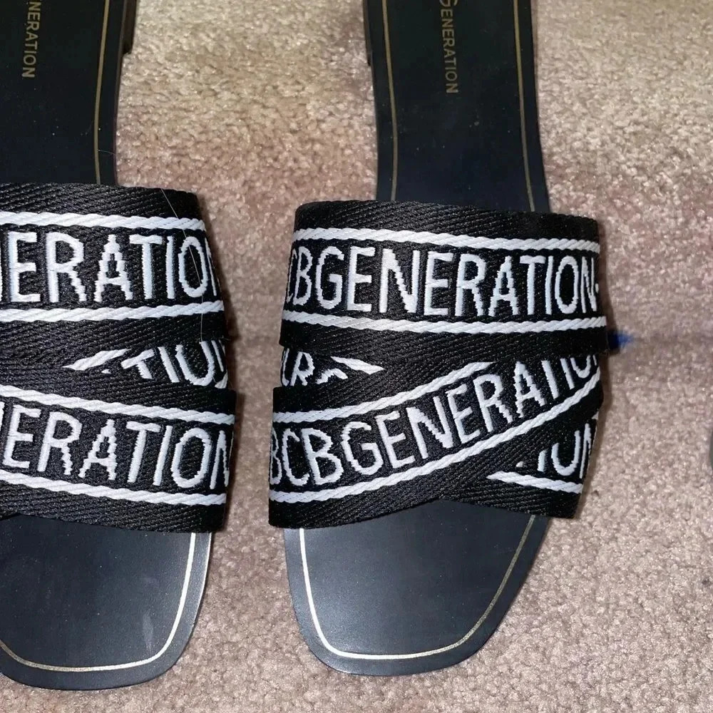 BCBGeneration  KALA Black White Logo Flat Sandals Slides Size 9​ - Picture 12 of 14